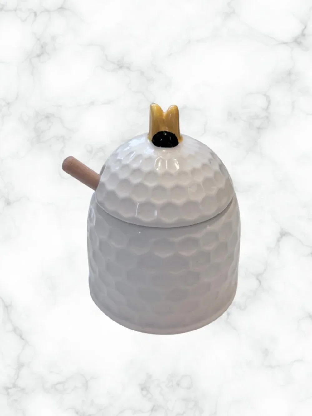 Ceramic Bee and Honeycomb Honey Pot w/ Lid & Wooden Dipper